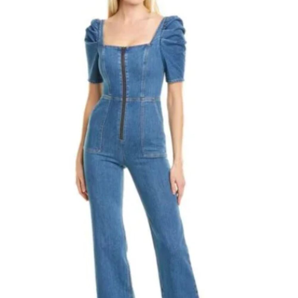 Alice Olivia Jeans Kenny Puff Sleeve Denim Jumpsuit US 30